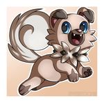 ambiguous_gender blue_eyes border brown_fur cute_fangs fur nintendo open_mouth pawpads paws pink_background pok&eacute;mon rockruff simple_background solo sweetochii video_games white_border wide_eyed 