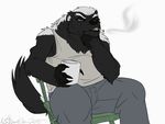  anthro belly beverage big_belly cigarette clothed clothing fur honey_badger male mammal mustelid regentshaw simple_background solo teeth white_background 