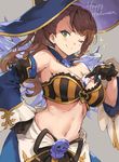  bare_shoulders beatrix_(granblue_fantasy) belly between_breasts bikini_top black_gloves blush breasts brown_eyes brown_hair card card_between_breasts cleavage commentary_request detached_collar detached_sleeves gloves granblue_fantasy halloween hand_on_hip haoni happy_halloween hat large_breasts long_hair looking_at_viewer navel one_eye_closed ponytail smile solo stomach striped_bikini_top witch_hat 