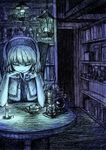  alice_margatroid book bookshelf candle chin_rest closed_eyes commentary_request cup doll gradient hairband highres interior lantern sitting sketch smile solo spoon table taguchi_kirei teacup teaspoon touhou 