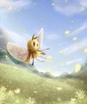  amazing_background amber_eyes ambiguous_gender antennae arthropod butterfly_wings cinnamon-quails detailed_background flower fur grass insect mountain nintendo plant pok&eacute;mon ribombee sky solo video_games white_fur wings yellow_fur 