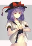  1girl bangs black_bra black_hat blush bow bra breasts center_frills cleavage collarbone commentary_request eyebrows_visible_through_hair grey_background hair_between_eyes hat hat_bow large_breasts looking_down nagae_iku navel open_clothes open_shirt parted_lips puffy_short_sleeves puffy_sleeves purple_hair red_bow red_eyes rin_falcon shirt short_hair short_sleeves solo stomach touhou two-tone_background underwear upper_body white_shirt 