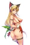  &gt;:) 1girl animal_ears armpits ass bare_shoulders bikini blonde_hair blue_eyes blush bow breasts chain fenrir_knight from_behind fur_trim gloves green_bow hair_bow highleg highleg_panties highres horn large_breasts long_hair looking_at_viewer looking_back low-tied_long_hair micro_bikini nipples panties parted_lips puffy_nipples red_bikini red_gloves red_legwear riesz sagging_breasts seiken_densetsu seiken_densetsu_3 single_thighhigh smile solo swimsuit tail tattoo thighhighs transparent_background twisted_torso underwear v-shaped_eyebrows very_long_hair wolf_ears wolf_tail 