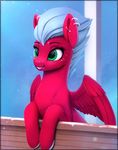  animated blink detailed_background ear_piercing equine fan_character feathered_wings feathers female feral fur green_eyes mammal my_little_pony no_sound nude pegasus piercing red_feathers red_fur rodrigues404 smile solo wings 