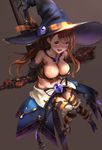  absurdres beatrix_(granblue_fantasy) breasts brown_hair cleavage from_above granblue_fantasy halloween_costume hat highres large_breasts long_hair looking_down navel open_mouth purple_eyes shogo_(shogo) simple_background solo striped striped_legwear thighhighs witch witch_hat 