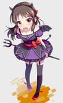  2016 arisutoutoi black_hair black_legwear bow brown_eyes commentary_request dated eyebrows eyebrows_visible_through_hair fake_horns fake_tail fake_wings full_body garter_straps hair_bow halloween halloween_costume happy_halloween highres holding holding_weapon idolmaster idolmaster_cinderella_girls long_hair looking_at_viewer looking_up off_shoulder open_mouth polearm solo standing sweatdrop tachibana_arisu tail thighhighs trident wavy_mouth weapon wings 