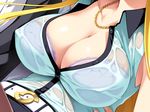  1girl belt berochu! blonde_hair bra breasts cleavage close-up erect_nipples game_cg highres hikami_yuria large_breasts long_hair nakano_sora necklace see-through sleeveless unbuttoned wet_clothes 