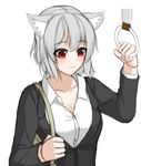  absurdres alternate_costume animal_ears blush breasts cleavage closed_mouth collarbone commentary_request contemporary dress_shirt highres inubashiri_momiji large_breasts ozu_(agito100001) red_eyes shirt short_hair silver_hair solo suit_jacket touhou upper_body white_shirt wolf_ears 