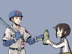  1girl adrian_ferrer bag baseball_bat baseball_helmet baseball_uniform black_hair bottle chicago_cubs crossover facial_hair gloves hayasui_(kantai_collection) helmet jacket kantai_collection kris_bryant major_league_baseball real_life short_hair smile sportswear track_jacket water_bottle 