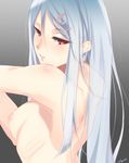  breasts gradient gradient_background grey_background hair_ornament highres kisaragi_chiyuki long_hair looking_at_viewer looking_back nipples nude original red_eyes shiny shiny_skin signature small_breasts solo stretch upper_body white_hair 