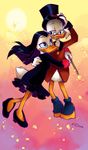  2013 anthro avian beak bird black_eyes black_hair cane clothed clothing dress duck eyewear feathers female footwear glasses hair hat hi_res high_heels hug jacket katiramoon long_hair magica_de_spell male scrooge_mcduck shoes smile white_feathers wings yellow_skin 