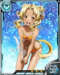  alicia_rue animal_ears bare_shoulders bikini blonde_hair brown_eyes card_(medium) cat_ears cat_tail collarbone fang flat_chest hands_clasped leaning_forward looking_at_viewer official_art open_mouth orange_bikini own_hands_together sidelocks solo star strapless strapless_bikini swimsuit sword_art_online sword_art_online:_code_register tail tied_hair water 