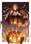  :d absurdres bat bat_wings blonde_hair boots cape claw_pose frilled_skirt frills full_body granblue_fantasy hair_between_eyes halloween head_wings highres jack-o'-lantern long_hair long_sleeves looking_at_viewer miya-ki_(miya_key) open_mouth pointy_ears pumpkin red_eyes shingeki_no_bahamut skirt smile solo standing striped striped_legwear teeth vampire vampy wings 