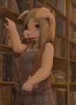  5_fingers animal_humanoid book bookshelf clothed clothing colored cub detailed_background digital_media_(artwork) female fully_clothed hair holding_object humanoid humanoid_hands inside kemono kunugi library mammal open_mouth pig porcine skirt snout teeth vest young 
