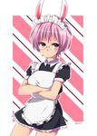  animal_ears apron black_dress bunny_ears crossed_arms dress genderswap genderswap_(mtf) glasses highres kameron maid maid_apron maid_headdress pink_eyes pink_hair pouty_lips saiki_kusuko saiki_kusuo saiki_kusuo_no_psi_nan short_hair signature solo striped striped_swimsuit swimsuit 