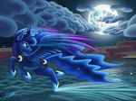  blue_eyes blue_feathers blue_fur cosmic_hair cutie_mark duskie-06 equine feathered_wings feathers female feral flying friendship_is_magic fur hooves horn mammal moon my_little_pony night outside princess_luna_(mlp) sky solo water winged_unicorn wings 