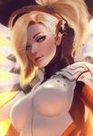  artist_name blonde_hair blue_eyes bodysuit breastplate breasts closed_mouth eyelashes eyeliner glowing glowing_wings hair_ornament hair_tie headgear high_collar high_ponytail highres large_breasts light_smile lips long_sleeves looking_at_viewer makeup mechanical_halo mechanical_wings mercy_(overwatch) overwatch parted_lips pink_lips raikoart revision skin_tight solo turtleneck upper_body wing_print wings yellow_wings 