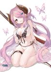  barefoot bikini blue_eyes blush breasts bug butterfly butterfly_earrings double_bun draph frilled_bikini frills full_body granblue_fantasy hair_over_one_eye highres horns huge_breasts insect katana long_hair looking_at_viewer narmaya_(granblue_fantasy) open_mouth pointy_ears purple_hair revision sheath sheathed side-tie_bikini sitting solo swimsuit sword thigh_strap thighs very_long_hair wariza weapon white_background white_bikini yuui_hutabakirage 