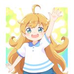  1girl :d ahoge amaama_to_inazuma ayakashi_(monkeypanch) blonde_hair blush green_eyes inuzuka_tsumugi long_hair looking_at_viewer messy_hair open_mouth shirt smile solo 