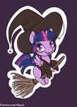  alasou broom chibi equine eyelashes female feral friendship_is_magic hair hat horn looking_at_viewer mammal multicolored_hair multicolored_tail my_little_pony purple_background purple_eyes purple_hair simple_background smile solo twilight_sparkle_(mlp) winged_unicorn wings witch_hat 