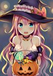  bare_shoulders blue_eyes blush breasts candy choker cleavage fang food halloween halloween_basket halloween_costume hat highres jack-o'-lantern large_breasts long_hair looking_at_viewer md5_mismatch open_mouth original pink_hair pointy_ears puff_and_slash_sleeves puffy_sleeves pumpkin simple_background solo sparkling_eyes tears white_background witch_hat yuusa 