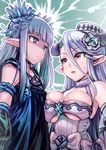  asymmetrical_docking bangs blunt_bangs breast_envy breast_press breasts commentary_request crystal draph erin_(granblue_fantasy) eyebrows eyebrows_visible_through_hair flower granblue_fantasy hair_flower hair_ornament hat height_difference horns izmir large_breasts lavender_hair lips long_hair multiple_girls ono_misao pointy_ears red_eyes underboob white_hat 