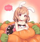  1girl 3: absurdres animal_ears animal_print bad_id bad_pixiv_id bare_arms bare_shoulders blush breasts brown_hair bunny_ears bunny_print carrot_pillow choker cleavage commentary_request crossed_arms dress hair_ribbon highres looking_at_viewer maki_(natoriumu) medium_breasts multicolored multicolored_clothes multicolored_dress original print_dress red_eyes revision ribbon sleeveless sleeveless_dress solo strapless strapless_dress tress_ribbon 