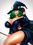 1girl breasts broom cleavage huge_breasts jassycoco witch_hat 