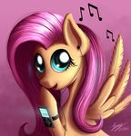 2016 blue_eyes duskie-06 earbuds equine eyelashes feathered_wings feathers female feral fluttershy_(mlp) friendship_is_magic fur hair headphones hooves looking_at_viewer mammal music_player musical_note my_little_pony nude open_mouth pegasus pink_background pink_hair simple_background smile wings yellow_feathers yellow_fur 