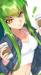  c.c. code_geass coffee_cup creayus cup disposable_cup green_hair jacket long_hair looking_at_viewer midriff open_clothes open_jacket smile solo tank_top yellow_eyes 