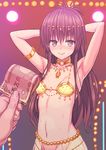  armband armpits arms_up blush brown_eyes brown_hair choker fuchitoro hair_ornament harem_outfit heart heart-shaped_pupils jewelry long_hair looking_at_viewer money navel necklace prostitution smile solo_focus sweat symbol-shaped_pupils to_love-ru yuuki_mikan 