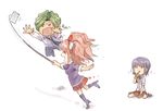  2girls black_hair blonde_hair boots chibi closed_eyes danganronpa danganronpa_3 enoshima_junko fishing_rod freckles gloves hair_ornament ikusaba_mukuro kibougamine_gakuen_school_uniform long_hair multiple_girls photo_(object) sakakura_juuzou school_uniform short_hair sleeves_rolled_up smile youko-shima 