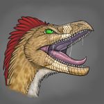  2016 ambiguous_gender deinonychus digital_media_(artwork) dinosaur drooling feathers feral flesh green_eyes looking_forward multicolored_scales open_mouth orange_feathers orange_scales portrait raptor red_feathers rriik_(character) rriikthedeinon_(artist) saliva scales sharp_teeth simple_background solo teeth theropod tongue tongue_out two_tone_scales white_feathers white_scales 