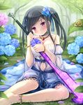  :c anklet bare_shoulders barefoot black_hair blue_flower blue_ribbon bracelet breasts choker cleavage collarbone detached_sleeves dress eyebrows eyebrows_visible_through_hair flower grass hair_flower hair_ornament hair_ribbon head_tilt highres holding holding_sword holding_weapon hydrangea hydrangea_hair_ornament jewelry long_hair looking_at_viewer lost_crusade medium_breasts midriff namaru_(summer_dandy) navel necklace pendant petals purple_eyes rain ribbon see-through sitting solo strapless strapless_dress sword tears weapon wet wet_clothes wet_hair yokozuwari 