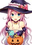 bare_shoulders blue_eyes blush breasts candy choker cleavage fang food halloween halloween_basket halloween_costume hat highres jack-o'-lantern large_breasts long_hair looking_at_viewer md5_mismatch open_mouth original pink_hair pointy_ears puff_and_slash_sleeves puffy_sleeves pumpkin revision simple_background solo sparkling_eyes tears white_background witch_hat yuusa 