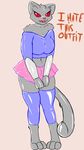  big_breasts breasts cat clothed clothing feline leggings legwear mammal oddchurch red_eyes simple_background skirt text 