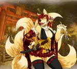  bell canine clothing f4814n female fox hairpin invalid_tag japanese_clothing kimono legging mammal melee_weapon miniskirt multiple_(disabiguation) pipe shrine skirt smoke sword weapon 