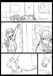  2girls choujigen_game_neptune cup drinking_glass drinking_straw greyscale left-to-right_manga monochrome multiple_girls nepgear neptune_(choujigen_game_neptune) neptune_(series) one_eye_closed segamark sleeping smile spilling tray tripping waking_up waving wiping_eyes 