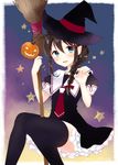  2016 :d adapted_costume artist_name black_hair black_legwear blue_eyes blush braid broom commentary_request dated hair_flaps hat jack-o'-lantern kantai_collection long_hair naoto_(tulip) necktie open_mouth pumpkin sailor_collar shigure_(kantai_collection) smile solo star thighhighs witch_hat zettai_ryouiki 