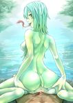  1girl anus aqua_hair ass breasts commentary_request day frog_girl girl_on_top gradient_hair green_eyes green_hair green_skin hetero long_hair long_tongue looking_at_viewer looking_back medium_breasts monster_girl multicolored_hair nakamura_regura nipples nude original outdoors penis pov pussy_juice reverse_cowgirl_position saliva sex shoulder_blades solo_focus spread_ass straddling tail tongue uncensored vaginal water webbed_hands 