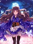  blush brown_hair bug butterfly eyebrows floral_print full_moon hair_ribbon highres idolmaster idolmaster_cinderella_girls insect japanese_clothes kamiya_nao kimono kimono_skirt long_hair moon obi petals red_eyes ribbon sash shan smile solo thighhighs white_ribbon wide_sleeves 