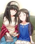  :o age_difference bangs black_hair blouse blue_blouse blue_skirt book bow brown_hair couch hair_bow hair_over_eyes hair_ribbon hairband head_tilt holding_hands idolmaster idolmaster_cinderella_girls long_hair mintol_(qool+) multiple_girls off-shoulder_sweater on_couch plaid ribbed_sweater ribbon sagisawa_fumika shawl side-by-side sitting skirt sleeping smile sweater tachibana_arisu white_skirt 
