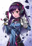  alternate_hair_color animal_print bangs bodysuit bracer breasts brown_eyes bunny_print charm_(object) crazypen d.va_(overwatch) facepaint facial_mark finger_on_trigger gloves gun handgun headphones high_collar highres holding holding_gun holding_weapon index_finger_raised light_rays long_hair medium_breasts open_mouth overwatch pilot_suit pistol purple_hair ribbed_bodysuit shoulder_pads skin_tight solo swept_bangs upper_body weapon whisker_markings white_gloves 