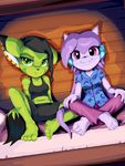  2016 anthro black_nose breasts carol_tea cleavage clothed clothing dragon duo feline female freedom_planet fur goshaag green_fur hair horn mammal navel night_cap purple_hair sash_lilac shirt shorts slit_pupils smile tank_top video_games wildcat 