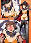  1girl armpits arms_up bikini black_legwear boots breasts breath brown_eyes brown_hair cape cleavage comic commentary elbow_gloves gloves grin halloween hat heavy_breathing hetero honda_mio idolmaster idolmaster_cinderella_girls implied_sex instant_loss_2koma large_breasts lying navel on_back pija_(pianiishimo) smile solo_focus swimsuit thigh_boots thighhighs translated witch_hat 