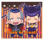  anchor_symbol animal_ears bat blue_hair cape chibi closed_eyes cross dollar_sign facial_mark fangs gakuran grey_eyes heart higashikata_jousuke highres jack-o'-lantern jojo_no_kimyou_na_bouken kameron kemonomimi_mode multicolored_hair multiple_boys nijimura_okuyasu open_mouth outstretched_arms paw_pose peace_symbol pompadour school_uniform signature smile striped striped_background tail trick_or_treat two-tone_hair wolf_ears wolf_tail 