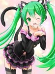  animal_ears axent_wear black_legwear black_skirt cat_ear_headphones cat_ears cat_tail collarbone fake_animal_ears fang frilled_skirt frills garter_straps green_eyes green_hair hair_ornament hatsune_miku headphones highres long_hair looking_at_viewer midriff one_eye_closed open_mouth paw_pose skirt solo tail thighhighs twintails vocaloid watage_(wata) 