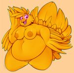  :d anthro avian beak bird breasts chica_(fnaf) chicken cute feathers female five_nights_at_freddy&#039;s glowing glowing_eyes looking_at_viewer navel nipples non-mammal_breasts nude obese open_mouth overweight purple_eyes smile solo tongue video_games yellow_feathers 