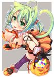  :p ahoge animal_ears blush breasts cat_ears cat_tail cleavage dodome-iro_mayonnaise gloves green_eyes green_hair halloween_basket halloween_costume jack-o'-lantern large_breasts looking_at_viewer original sharon_(dodomayo) short_hair solo tail thighhighs tongue tongue_out 