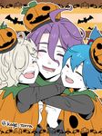  ^_^ bat blue_hair boy_sandwich closed_eyes freckles gokotai hair_over_one_eye halloween hug jack-o'-lantern kagetora kasen_kanesada male_focus multiple_boys open_mouth pumpkin_costume purple_hair sandwiched sayo_samonji smile touken_ranbu twitter_username white_hair 